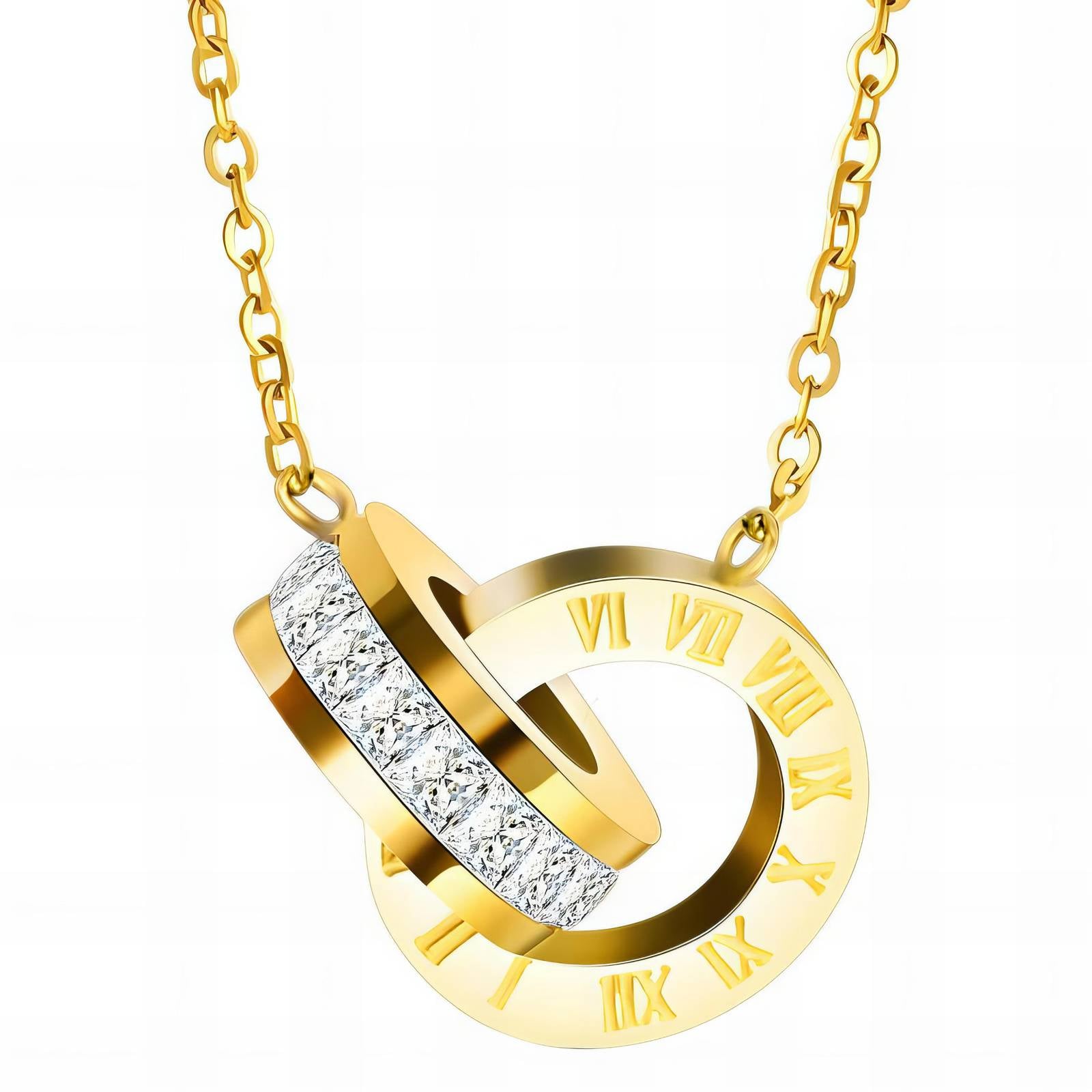 Gold necklace with interlocking rings and Roman numeral design on a white background